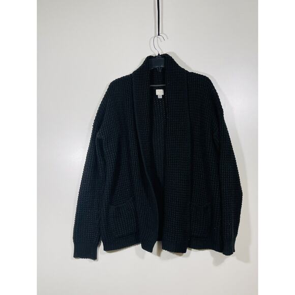 A New Day‎ Black Chenille Knit Cardigan Sweater Sz Large Open Draped 2 Pockets - Picture 6 of 11